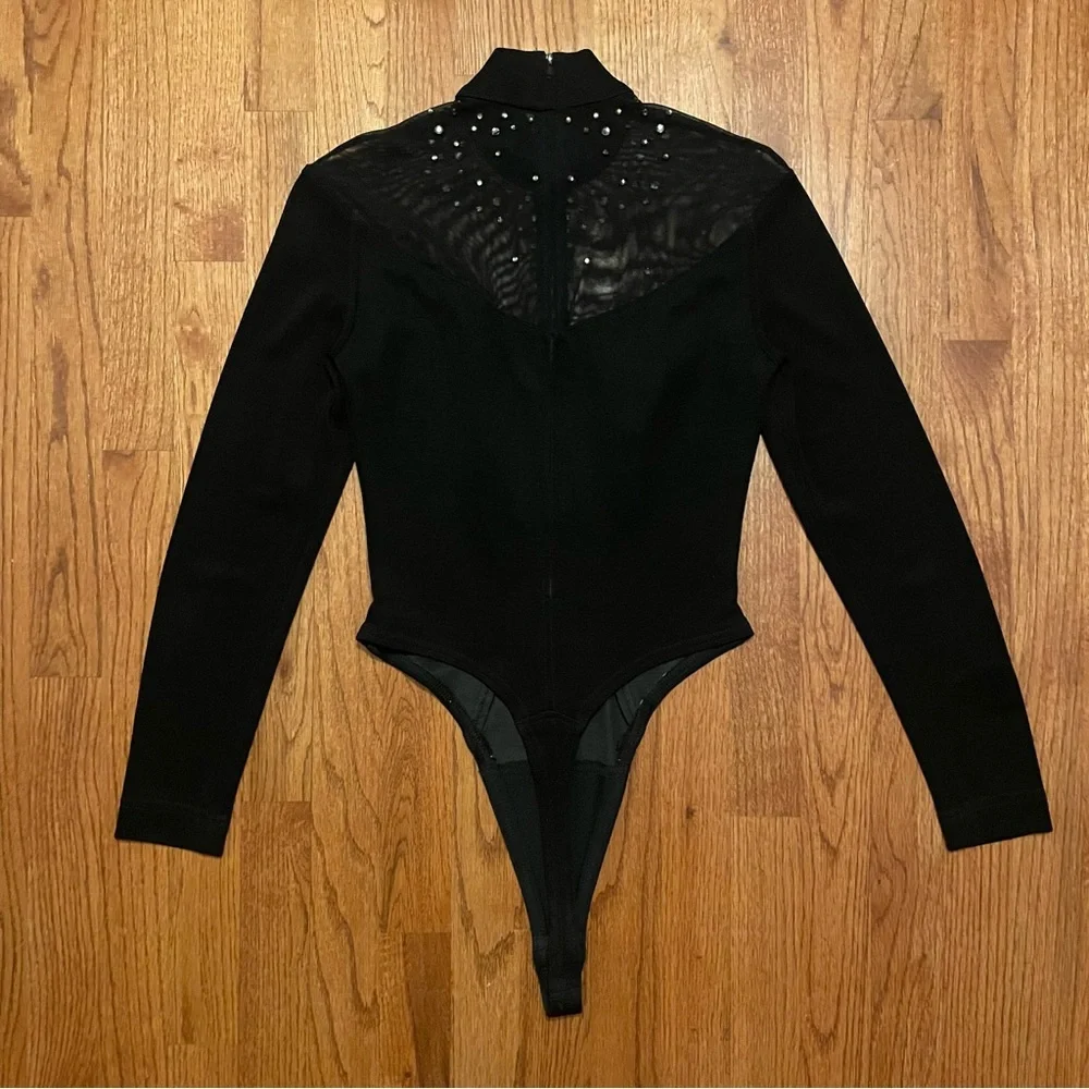 Tadashi Black Long Sleeve Rhinestone Embellished Mesh Thong Bodysuit size M - Picture 7 of 14